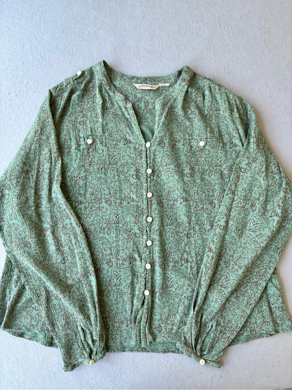 Orvis Green Printed Button-Front Women's Crinkle Blouse Sz XL
